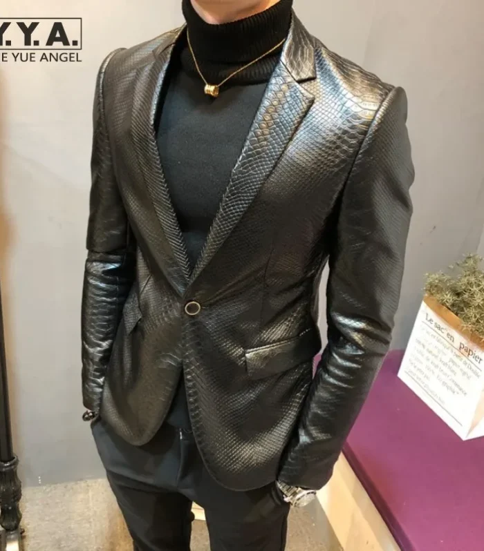 Winter Fleece Pu Leather Jacket Men Autumn Slim Fit Snake Pattern Elegant Business Work Blazer Mens Smart Casual Suit Jackets
