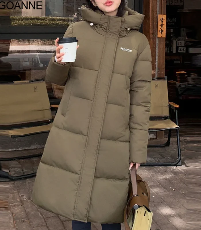 VigoAnne 2025 Winter Zipper Hooded Down Long Coat Korean Women Long Sleeve Pocket Solid Loose Jacket Lady Thick Warm Outwear