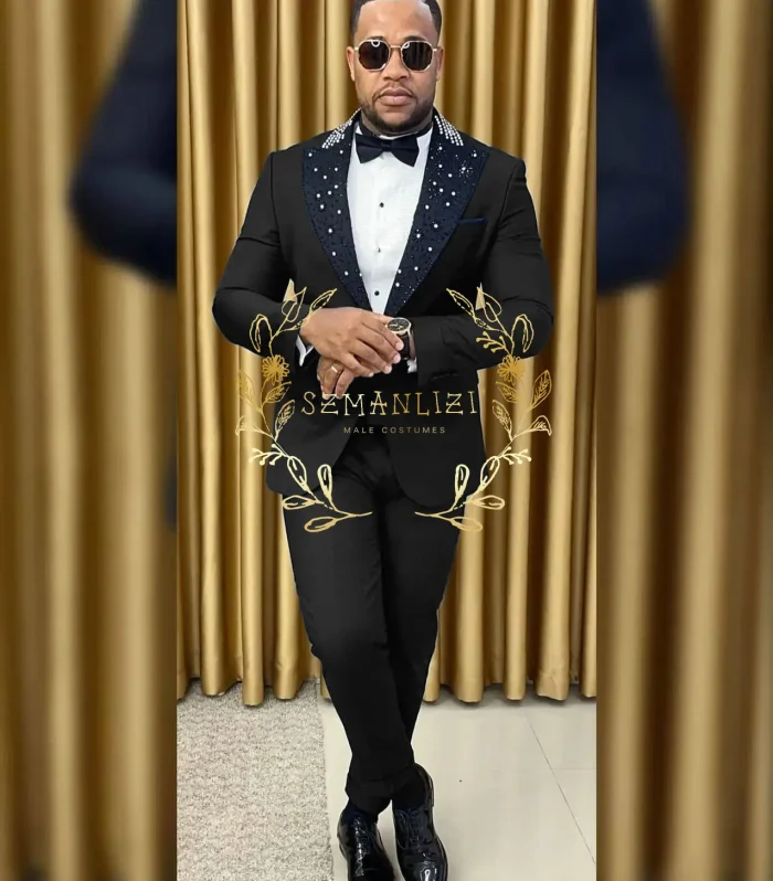 Luxury Wedding Suits For Men Groom Wear Tuxedos Handmade Black Beaded Lapel Blazer Set Formal Prom Party 2 Pieces Dress 2025