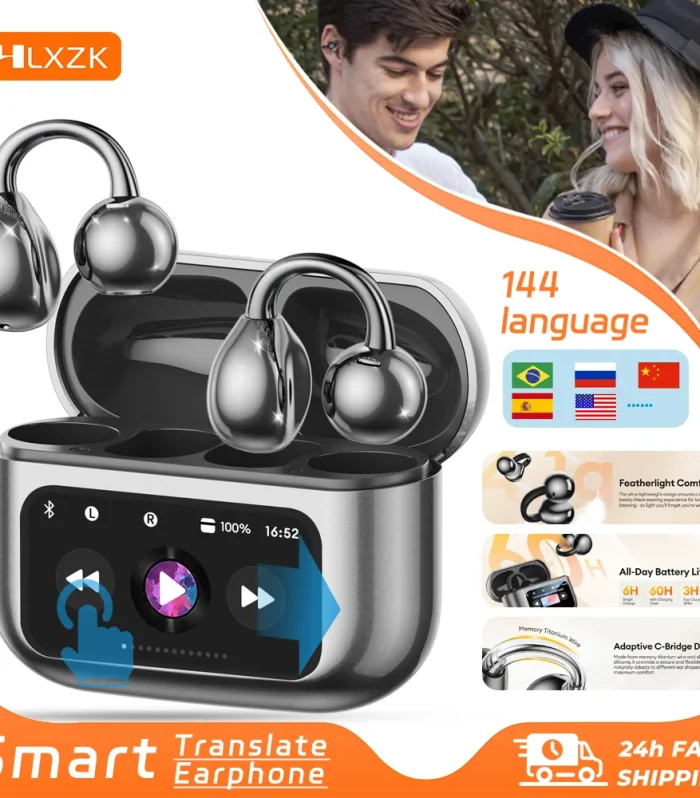 Wireless Ear Clip Earphones with Touch Screen 144 Languages AI Real Time Translation Headphones Smart Bluetooth Earbuds Device