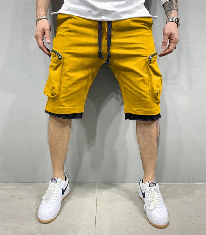 Mens Summer Cargo Shorts Cotton Workout Fitness Shorts Breathable Jogger Training Gyms Bodybuilding Multi Pocket Yellow Shorts