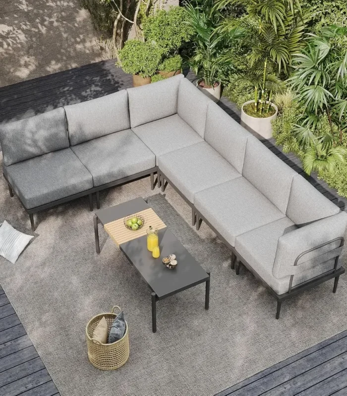 7 Pieces Metal Patio Furniture Set, Outdoor Sectional Sofa w/6 Inch Olefin Cushion, Modern Outdoor Conversation