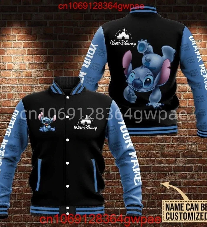 Custom Name Disney Stitch Baseball Jacket Men's Women's Casual Sweatshirt Hip Hop Harajuku Jacket Streetwear Loose Varsity Coat