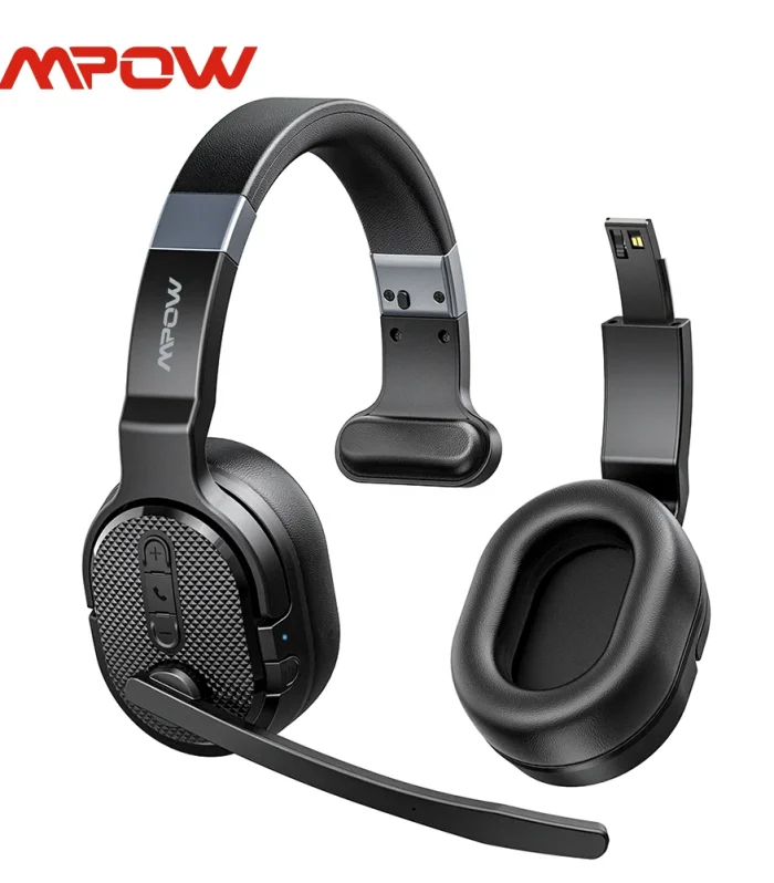 Mpow E65 2 in 1 Wireless Headphones Bluetooth 5.3 Dual/Single Office Headset with Microphone&Mute Switch 35H for Trucker Driver