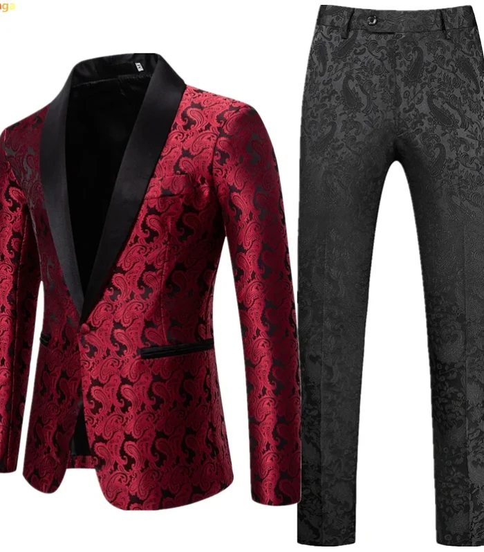 Burgundy Men's Suit Two-Piece, Wedding Party Dress Jacket with Pants, White Blue Black Blazers and Trousers S-XXL