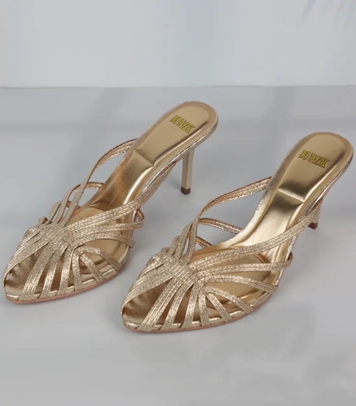 New Gold Hollow Thin Strip Heels for Women Luxury Pointed Toe Heeled Pumps Office Lady Mules Summer Stiletto Shoe Sandals 2025