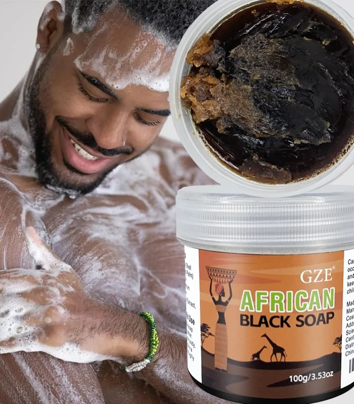 GZE African Black Soap 3-in-1 Face, Hair, and Body Cleanser - Deeply Cleanses and Moisturizes Skin and Hair, Natural Ingredients