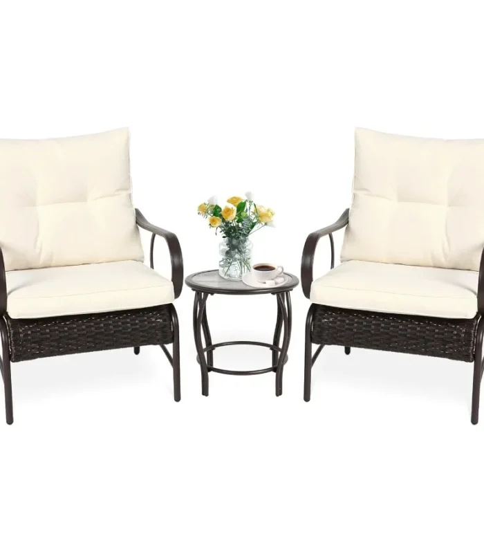 Patio Bistro Sets 3 Piece Rattan Front Porch Chairs Set of 2 with AllWeather Cushions Glass Coffee Table Conversation Set for