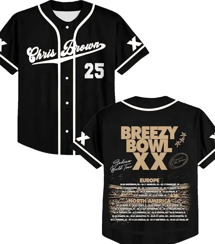 ‎Chris Brown Breezy Bowl XX Tour Jersey Vneck Short Sleeve Baseball Jersey Men/women Chris Brown button down shirt