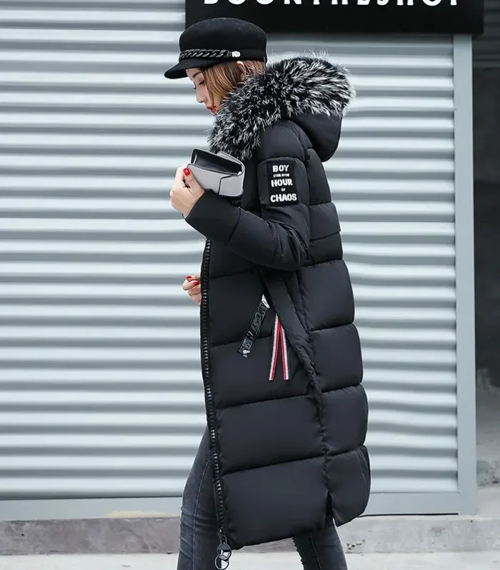2025 Women's Down Parkas Winter Jacket Big Fur Collar Thick Slim Coat Fashion Hooded Cotton Outerwear Long Winter Woman Coat