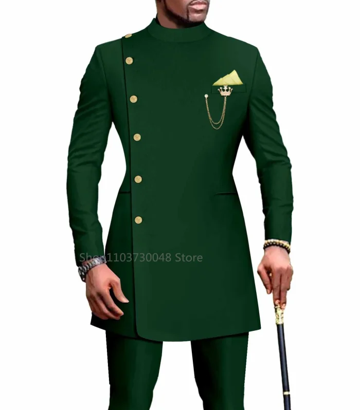 African Design Slim Fit 2 Piece Solid Men Suits For Wedding Groom Tuxedos Formal Suits for Prom Party Best Man Blazer Pants