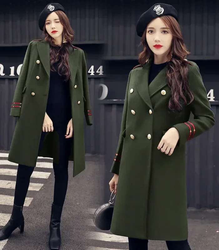 New In Fashion Double Breasted Winter Coat Female Thicken Warn Overcoat Military Green Woollen Long Coat Women