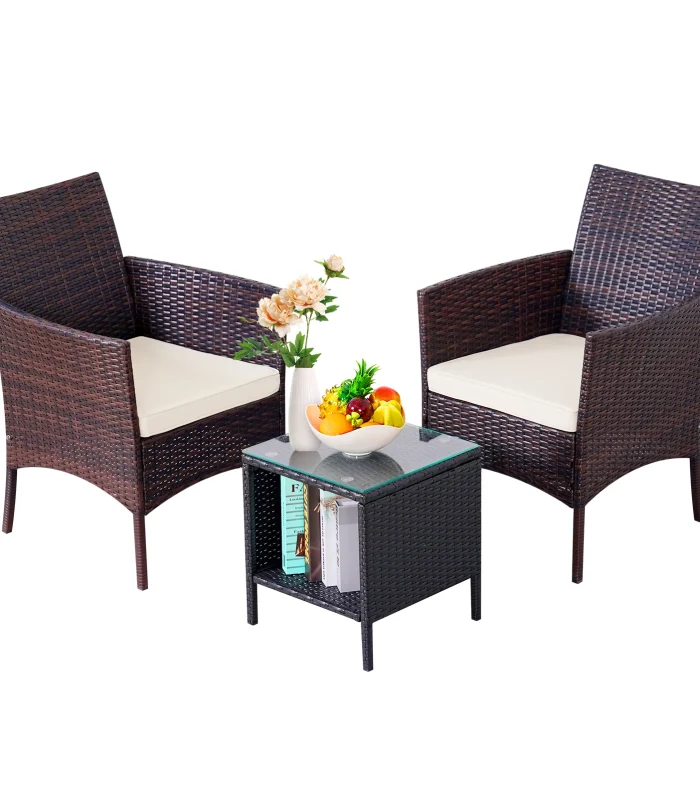 NAGA BAHNA 3-Piece Bistro Set Outdoor Patio Furniture Rattan Chairs Table Soft Cmats Tempered Glass Durable Comfortable Garden