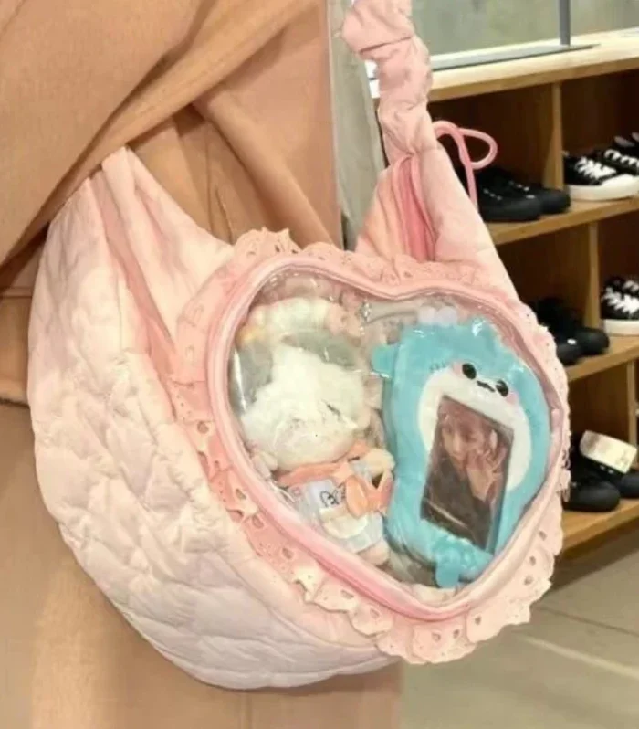 Pink Cute Womens Shoulder Bag Pleated Love Heart Lolita Jk Ita Bag Drawstring Ballet Style Sweet Fashion Female Handbag