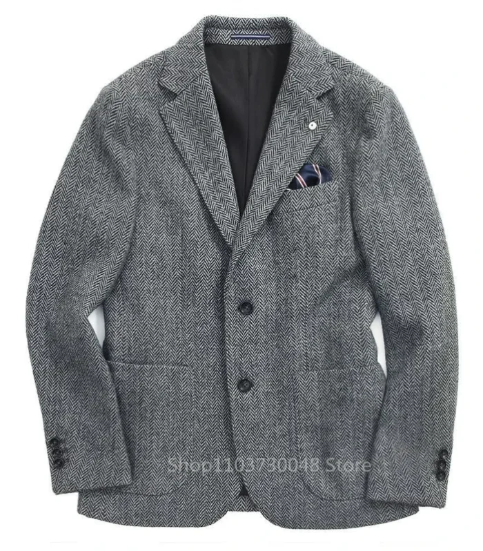 Gray Wool Tweed Winter Suit Blazer Single Breasted Suit Jacket Formal Fashion Notch Lapel Herringbone Coat for Wedding/Business