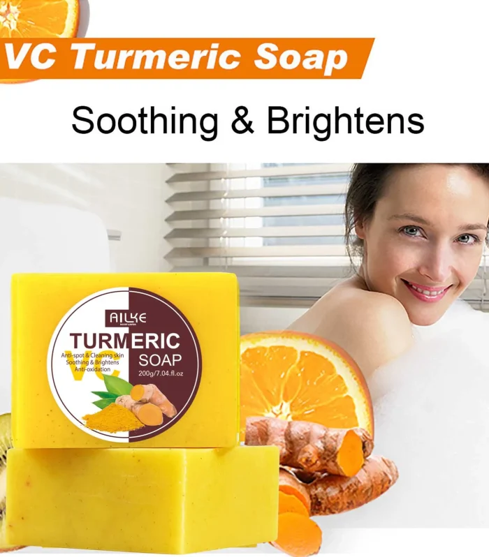 AILKE Natural Turmeric Soap Bar, Brighten, Remove Darkness, Acne, Pimples, Cleaning, Exfoliates, Uneven Skin Tone