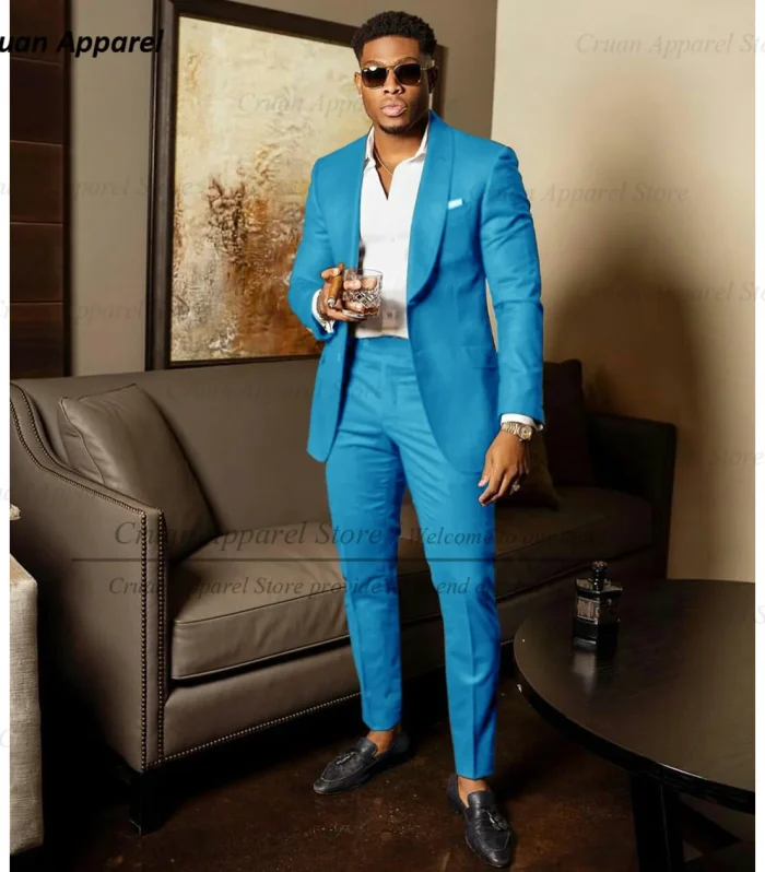 Blue Shawl Lapel Suit Male 2 Pieces Tailored Groom Wedding Suits Tuxedo Best Man Blazer Pants Trendy Fashion Marriage Costume