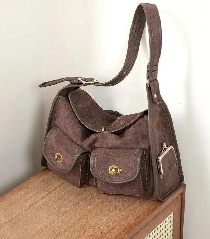 Casual Commuter Large Capacity Suede Pillow Bag Single Shoulder Crossbody Bag Vintage Style Polyester Lining Zipper Closure