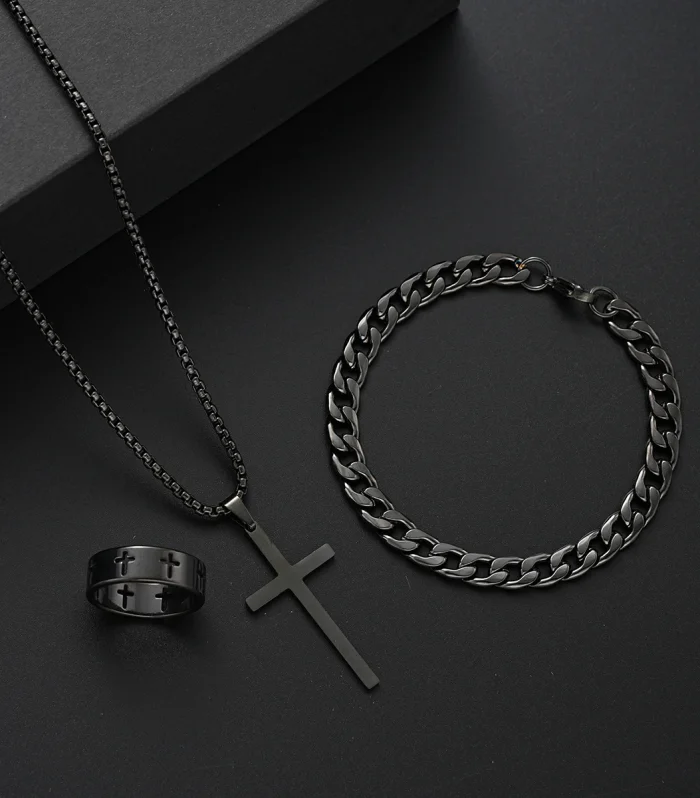 3 Pcs Stainless Steel Bracelet Necklace Ring for Men Women Retro Simple And Personalized Punk Hip Hop Jewelry Set Fashion Gifts