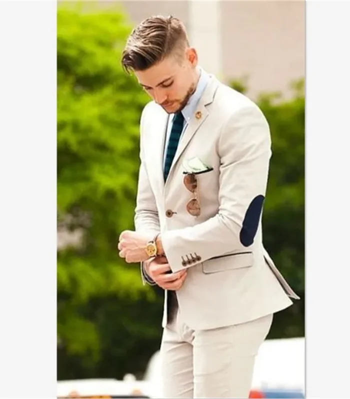 Mens Suits (Jacket+Pants) Latest Designs Beige Groom Tuxedos elbow patches 2 Pieces Wedding Prom Dinner Italian Man Suit Blazer