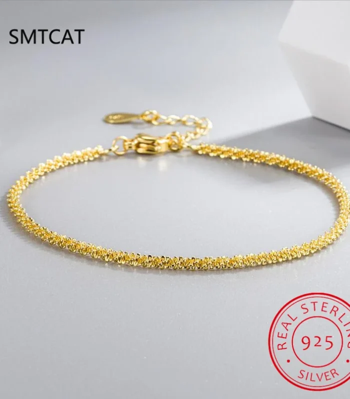 Minimalism Classic Gold Color Bracelet 100% 925 Sterling Silver Link Chain Cute Bracelets For Women Fine Jewelry Gifts S4683