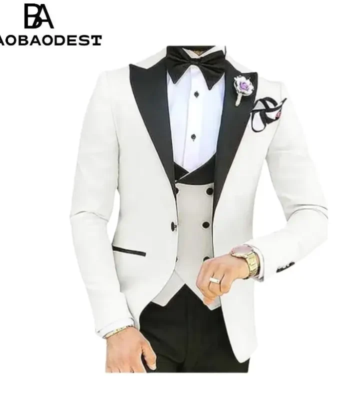 3-Piece Suit Set for Men, Tuxedo Suits with Lace Lapel and One Button, Stylish Solid Party Dinner Jacket, Vest & Pants Sets (