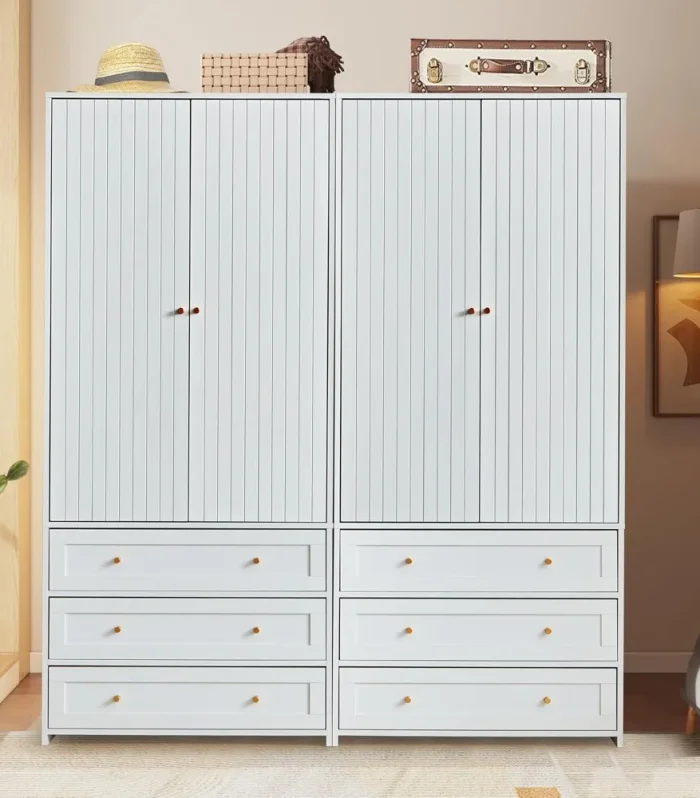 Wardrobe Armoire Wooden Closet with 2 Doors,71" Closet Armoire Set of 2,3 Drawers Household Freestanding Wooden Storage Cabinet