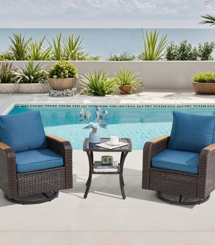 3 Pieces Outdoor Furniture Set with Swivel Chairs Wicker Patio Furniture Sets for Porch Deck Bistro Lawn Garden Backyard Poolsi