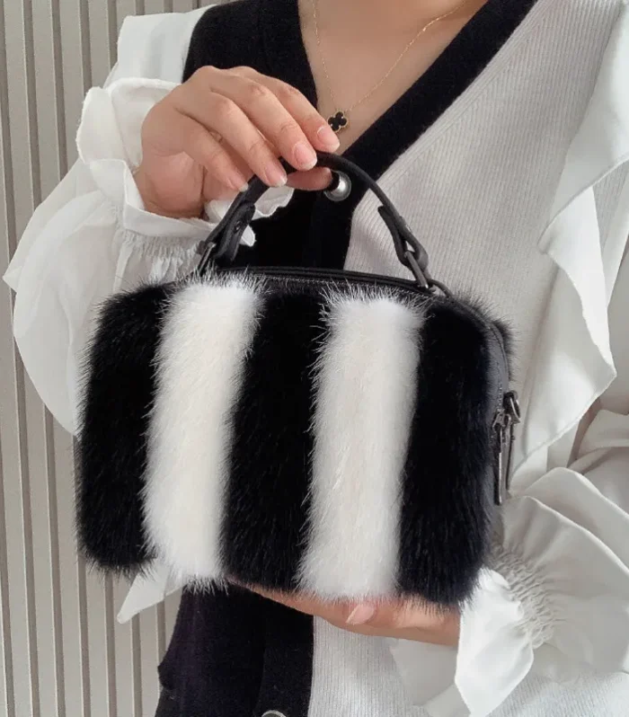 Mink Fur Bag Female Black White Handbag Real Mink Fur Shoulder Bags Crossbody Bags For Women Winter Furry Messenger Hand Bags