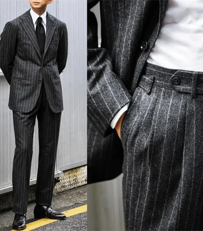 Gray Men Suit 2 Piece Thick stripe Suit Jacket suit pants Single Breasted Wedding Formal Wear Gentleman suit dressing clothes