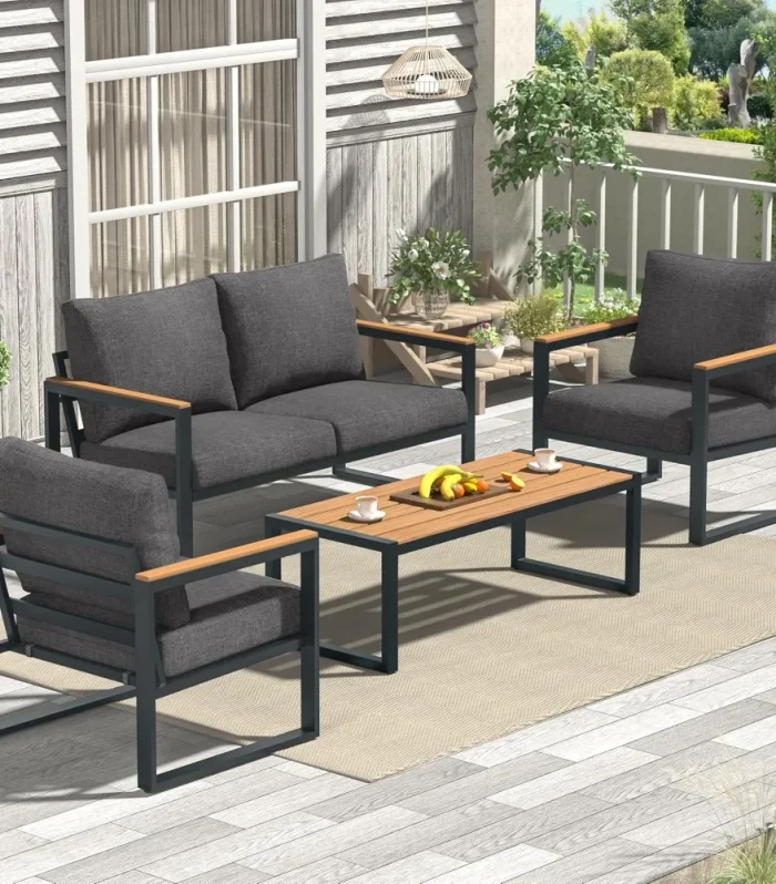 Patio Furniture Set, 4 Pieces Outdoor Patio Furniture with Coffee Table Set,Metal Patio Conversation Sets with Washable and High