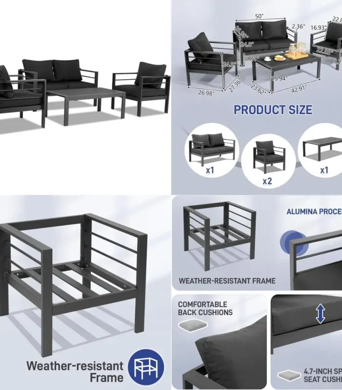 4-Seat Aluminum Outdoor Sectional Furniture Set with Thick, Washable Cushions and Coffee Table for Patio Conversation Areas