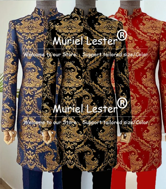 Vintage Jacquard Men Suits 2 Pieces Sets Single Breasted Prom Outwear Blazers Long Customized Man Business Party Groom Tuxedos