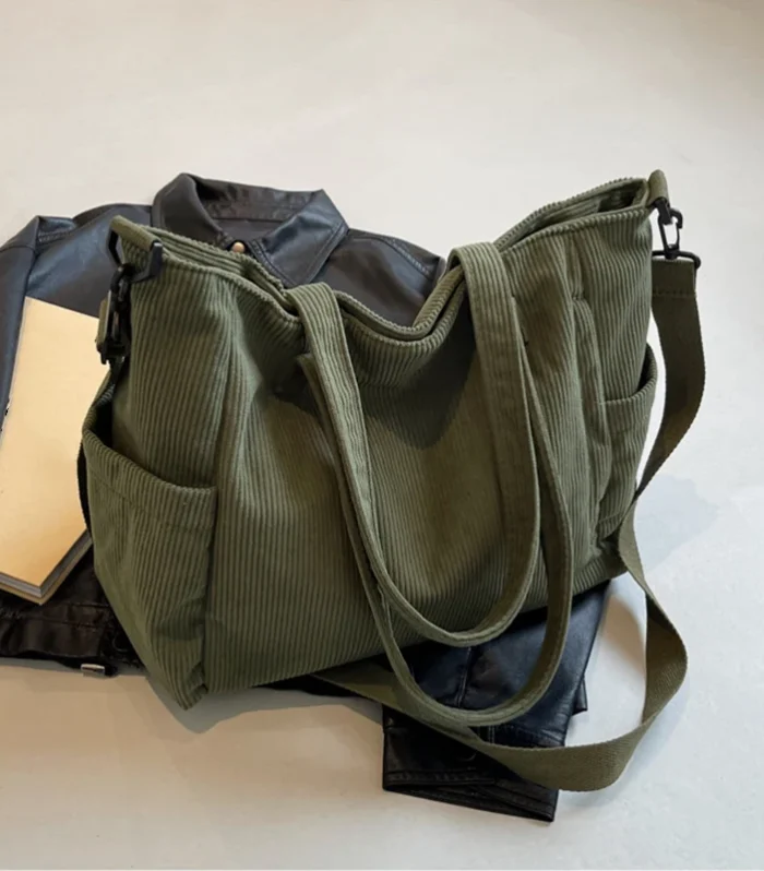 Women Corduroy Tote Bag Casual Multi Pocket Handbag Adjustable Strap Crossbody Sling Bag Zipper Shoulder Bag Fall Winter Bag