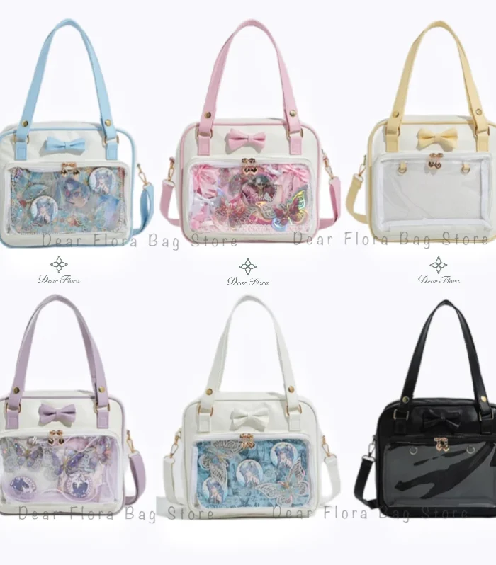 Y2K Cute Bow Ita Bag Girl Transparent Messenger Bag Women Fashion Shoulder Crossbody Bag Ladys DIY Badge Tote Bag Lolita Handbag