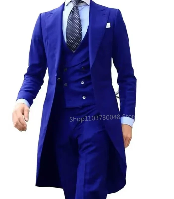 Elegant Solid Men Suits 3 Piece Fashion Peak Lapel Single Breasted Wedding Tailcoat Prom Party Male Suit (Blazer+Vest+Pants)