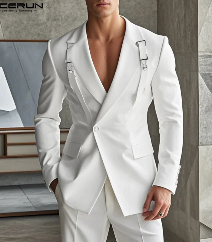 INCERUN Handsome Men's Tops Stylish Deconstruct Metal Buckle Suit Coat Casual Well Fitting Male Solid Long Sleeved Blazer S-5XL