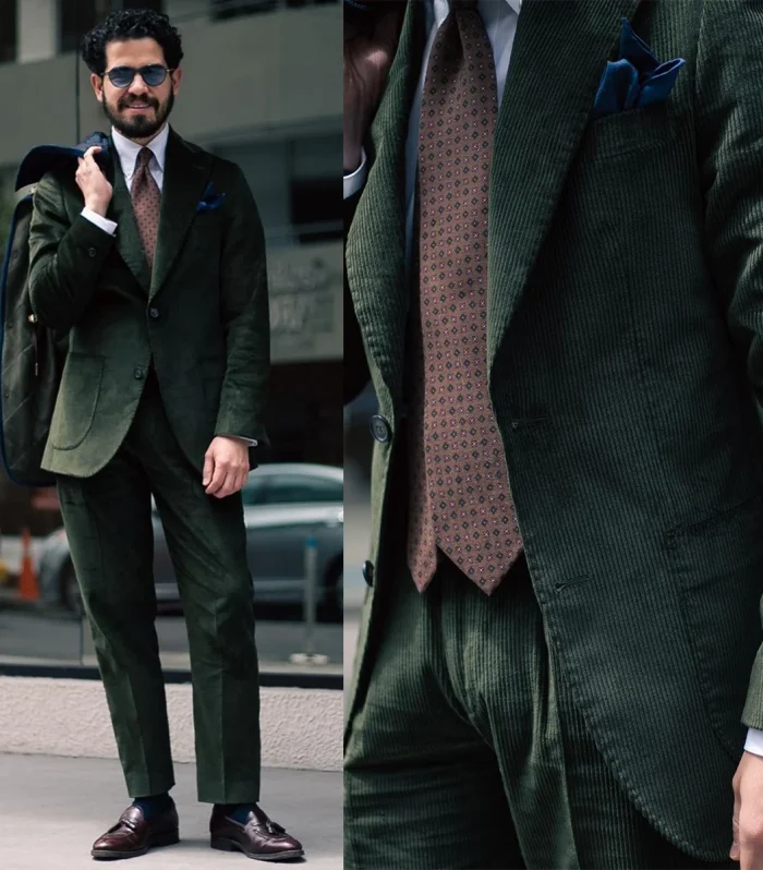 Corduroy Men's Suits 2 Pieces Blazer Pants Single Breasted Business Peaked Lapel Slim Wedding Groom Customized Plus Size