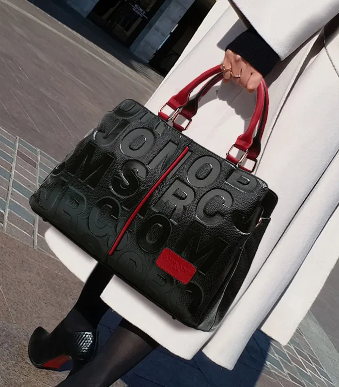 Genuine Leather Women's Handbag - Commuter Style Letter PatternBlack and Red Shoulder Armpit Tote Bag