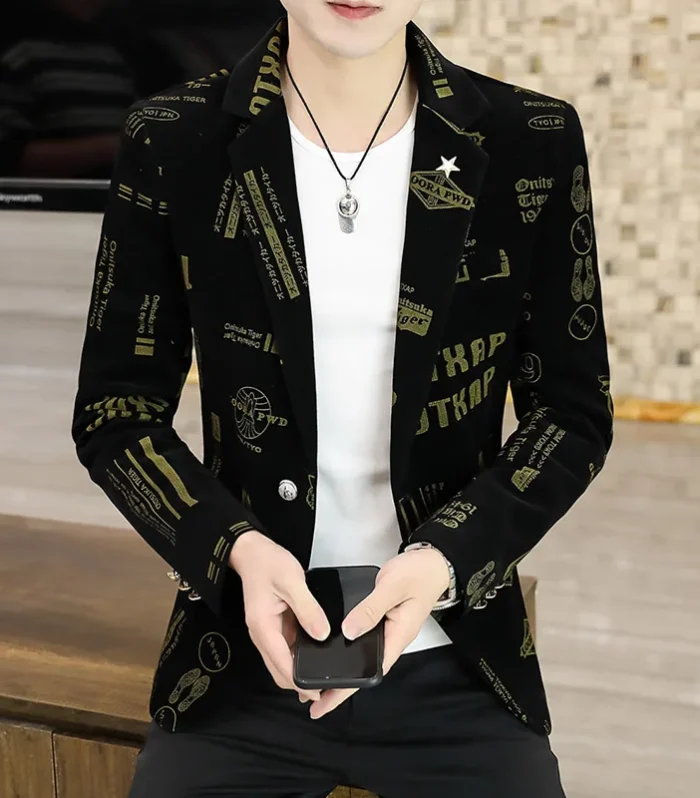 2025 Autumn Corduroy Suit Jacket for Men Luxury Bee Print Casual Blazers Fashion Slim Fit Business Social Office Dress Coats 4XL