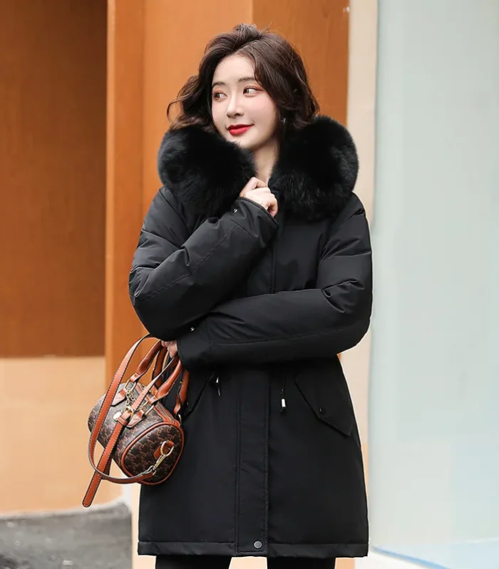 Women Parka Fashion 2023 Winter Jacket Slim with Fur Collar Warm Snow Wear Padded Clothes Long Coat Wool Liner Hooded Parkas