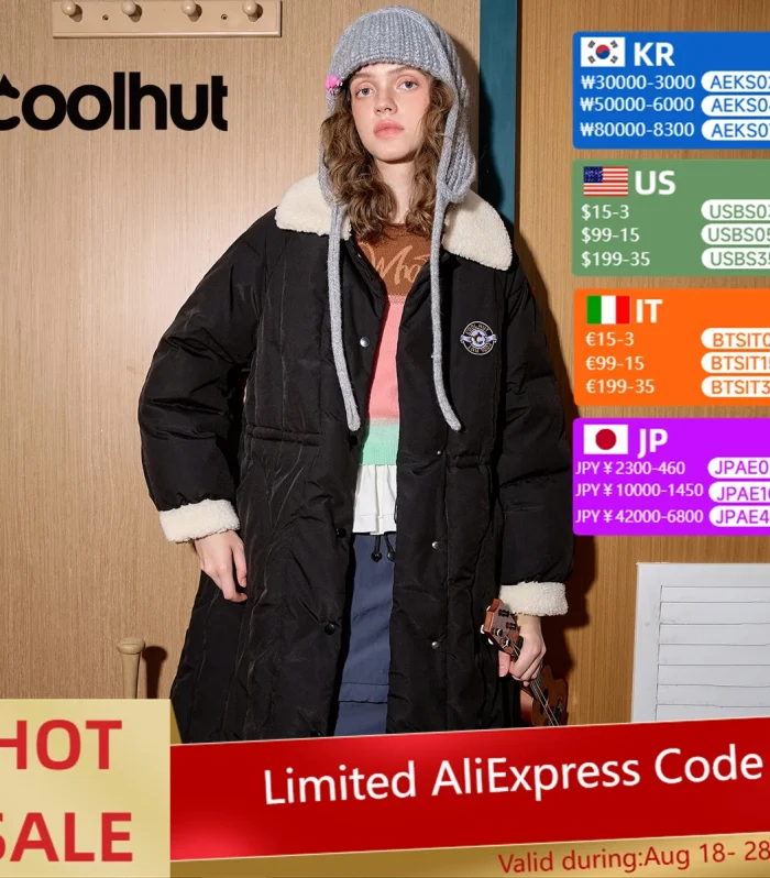 COOLHUT New Women's Notched Collar Academic Long Coat Winter Quilted Parka with Patchwork Badge Details Mid-Length Puffer Jacket