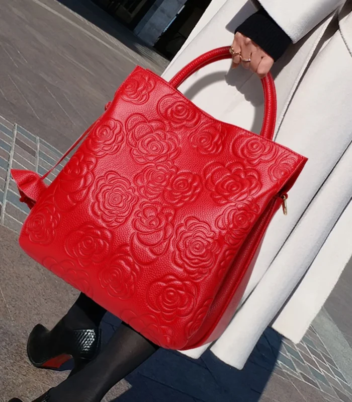 Genuine leather cowhide women's handbag large capacity camellia rose red tote bag shoulder bag