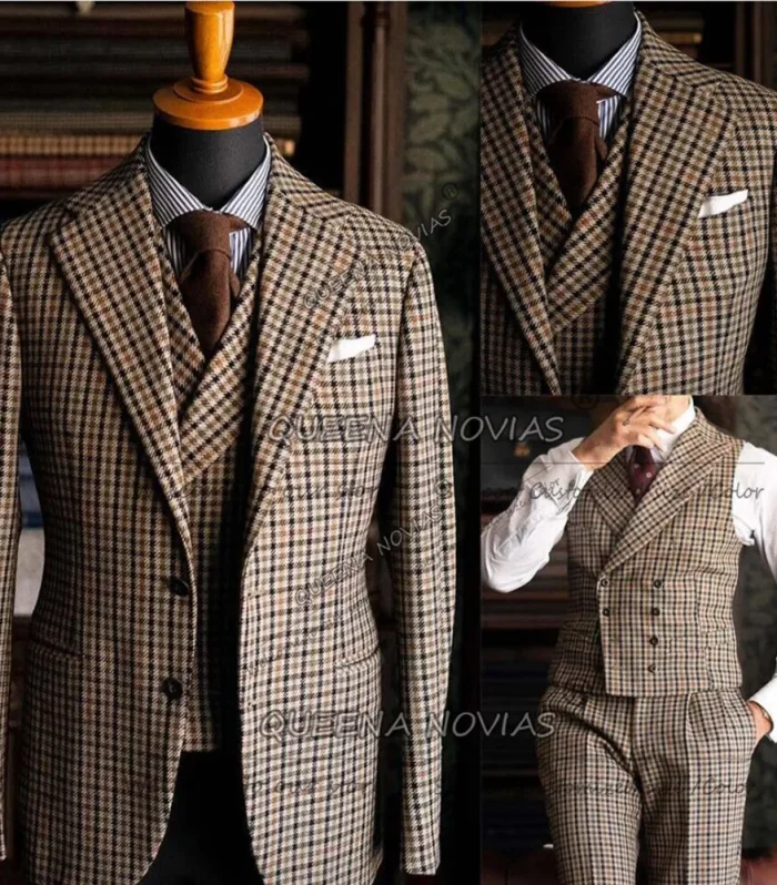 Classic Plaid Checks Suits Men 3 Pieces Houndstooth Single Breasted Prom Blazers Customized Man Business Attire Groom Tuxedos