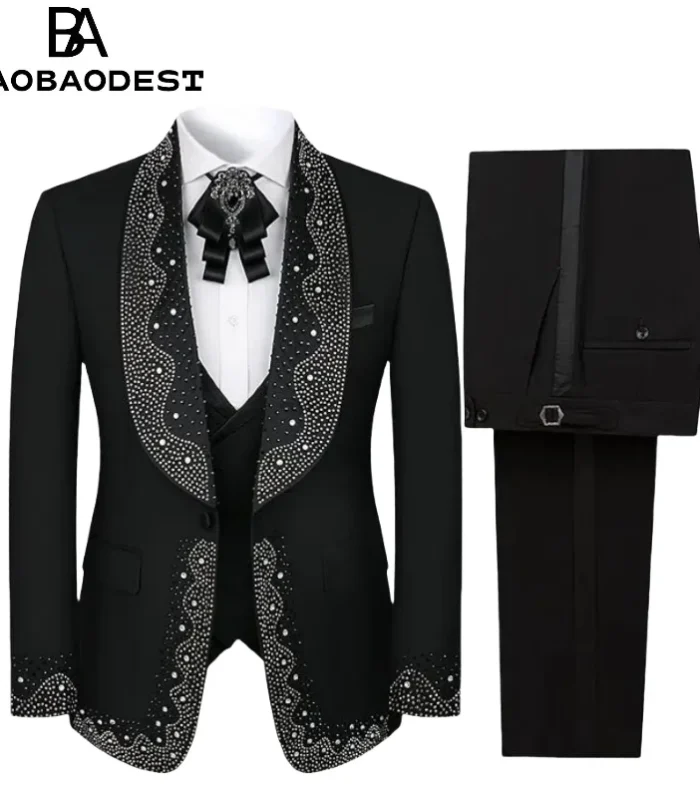 Men's 3-Piece Luxury Diamond Shawl Lapel Tuxedo Set | Black Wedding Suit (Blazer+Vest+Pants) for Groom/Prom Red Carpet Events