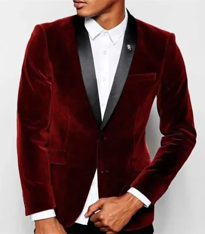 1 Piece Luxury Burgundy Velvet Men's Suits Single Breasted Black Shawl Lapel Slim Fit Blazer Formal Wedding Groom Jacket Outfit