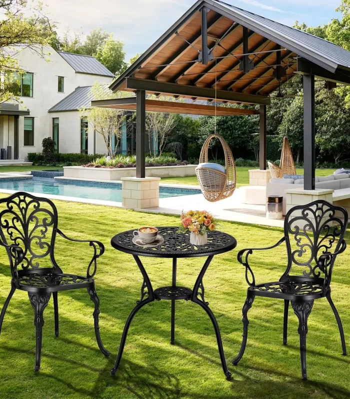 3-Piece Outdoor Bistro Set Rust-Resistant Cast Aluminum Table and Chairs with Umbrella Hole for Backyard Balcony