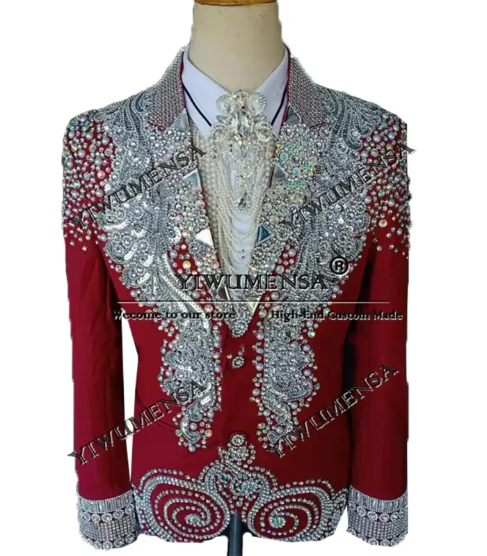Handmade Rhinestones Suits Men Glitter Pearls Beads Prom Blazer Customized 2-Piece Single Breasted Groom Tuxedo Wedding Dresses