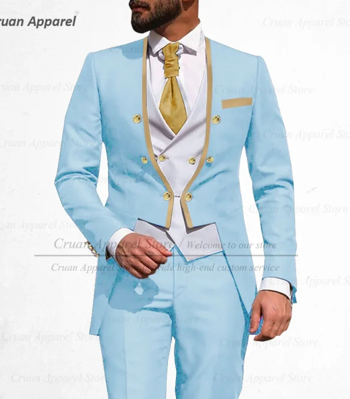 Custom Luxury Blue Men's Suit Sets 3 Pieces Fashion Wedding Suit for Men Best Man Tailcoat Gold Buttons Jacket Vest Pants Tuxedo