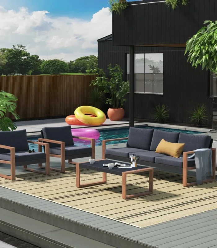 Outdoor 4-Piece Modern Furniture Sets,5 Person Conversation Set, Faux Wood Grain Finish Frame Sofa with Olefin Thick Cushions